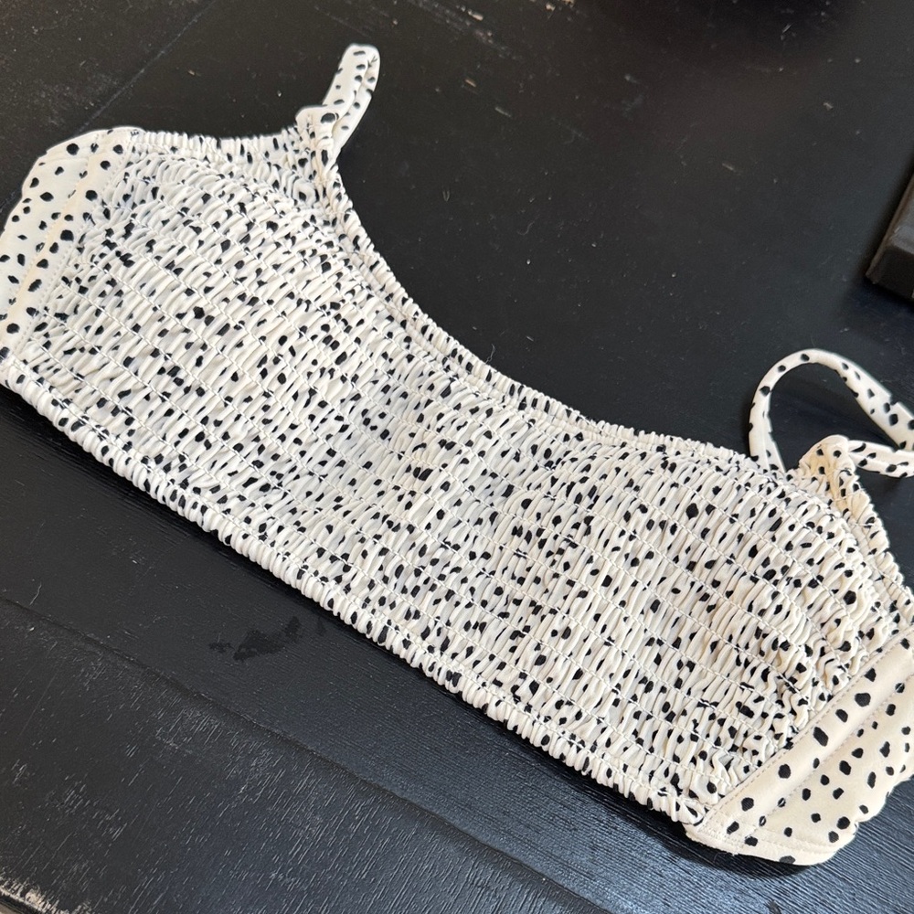 Xhilaration Smocked Ivory and Black Polka Dot Bikini Top, size 0-2 NWT